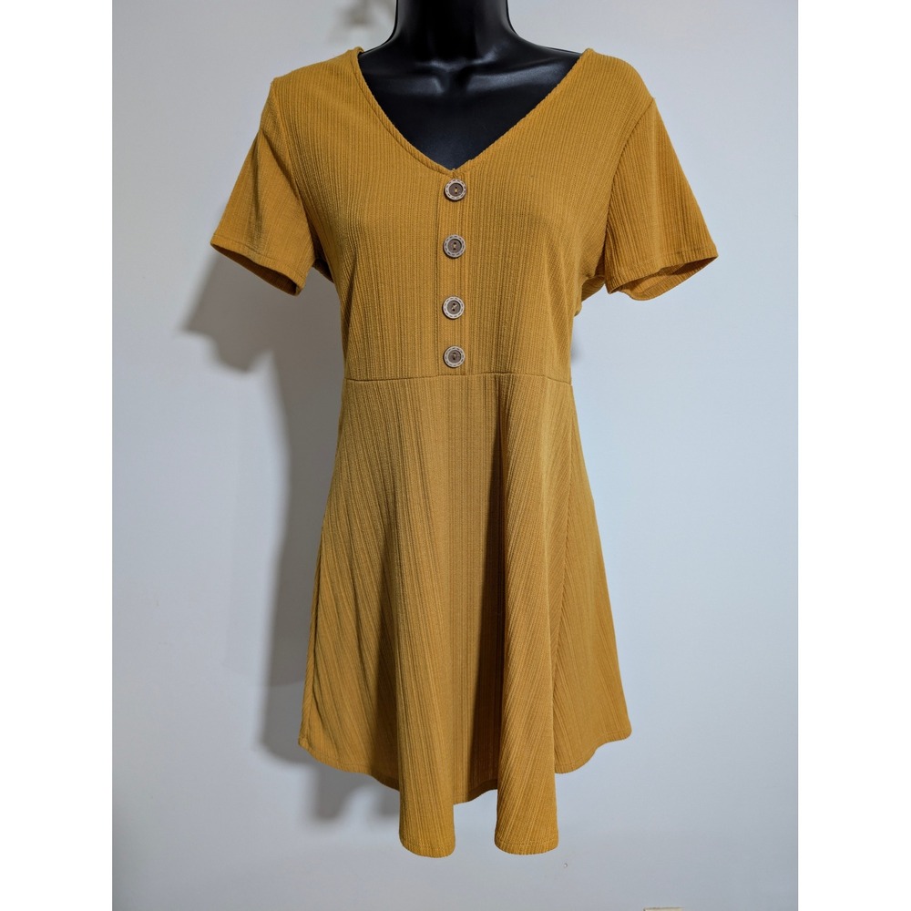 Millibon Yellow Ribbed Knit Button Front Short Sleeve Fit and Flare Dress Large